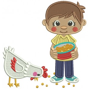 Boy Feeding Chickens Filled Machine Embroidery Digitized Design Pattern